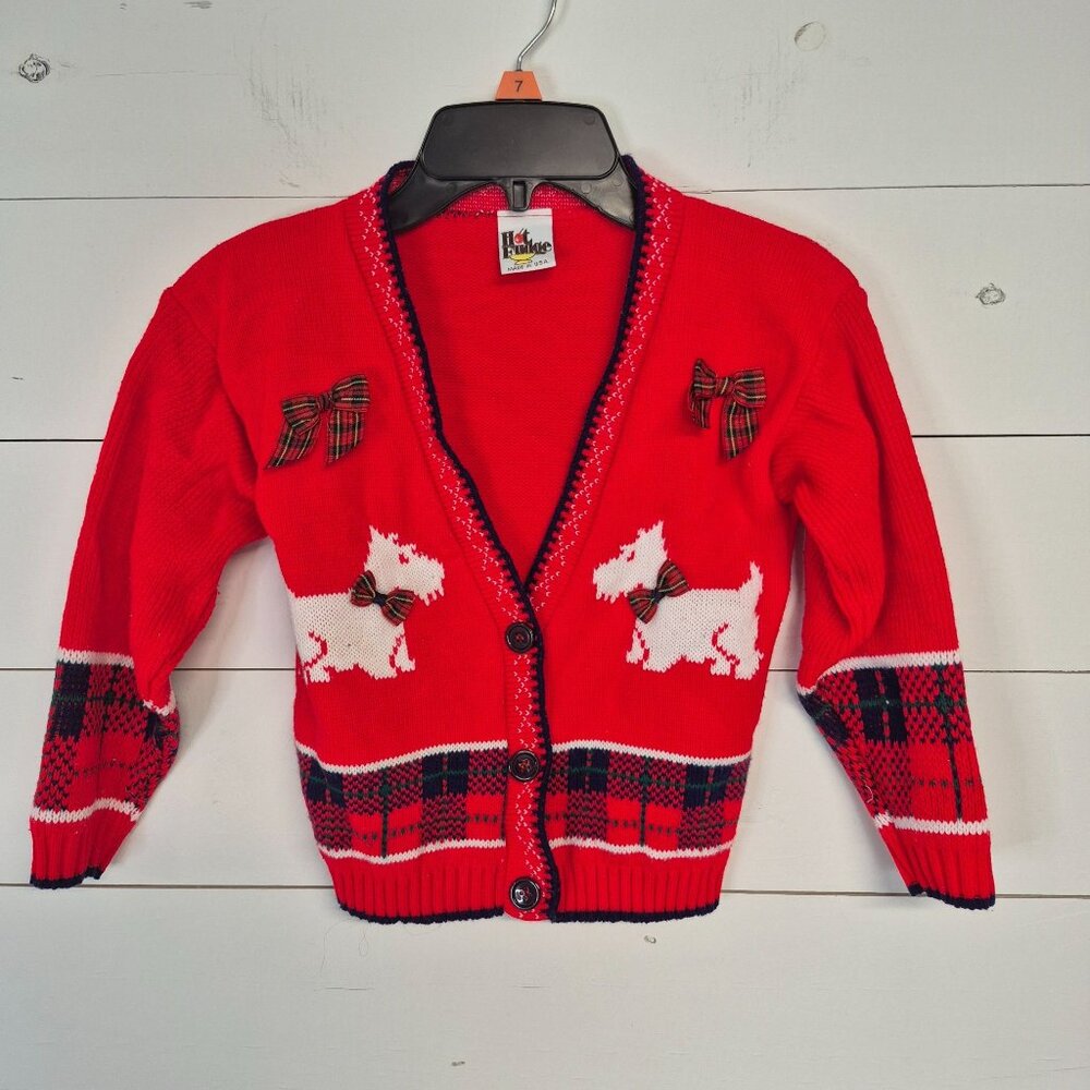 Vintage Hot‎ Fudge Red Knit Cardigan With Plaid Scottie Dog & Bow Design Kids